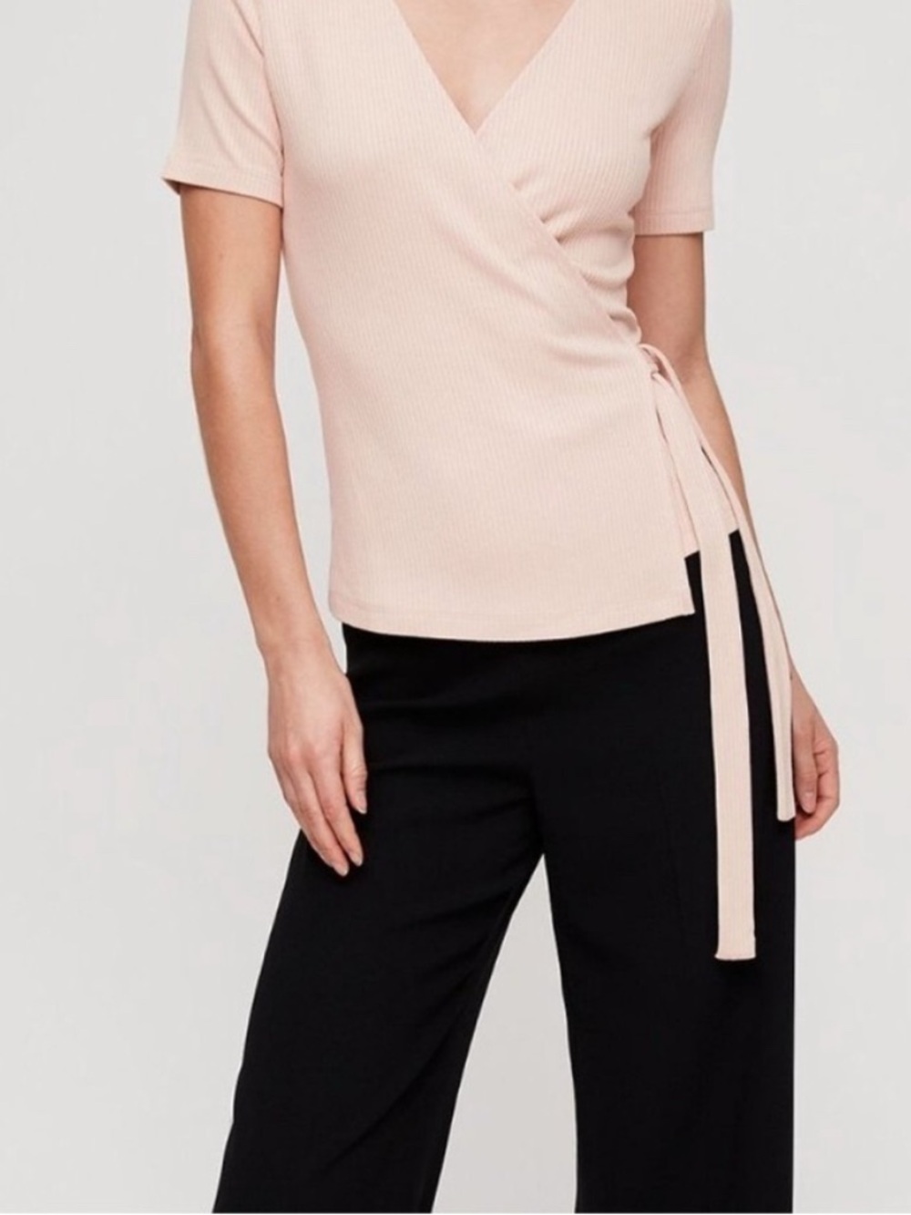 Aritzia Babaton Sz S Dashiell Wrap Short Sleeve Pink Ribbed Top